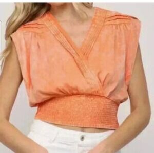 FATE Smocked Crop Utility Blouse In Pastel Orange. Size Small